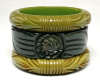 BB409 pr olive green and blue green carved bakelite bangles